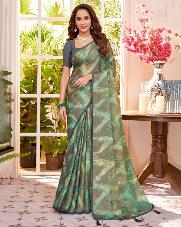 Vishal Prints Sand Grey Fancy Chiffon Saree With Core Piping And Tassel