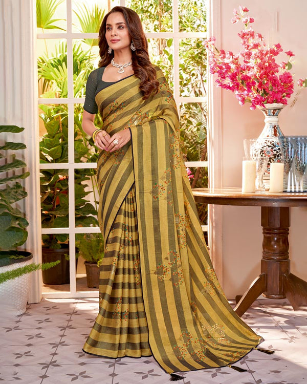 Vishal Prints Light Mustard Fancy Chiffon Saree With Core Piping And Tassel