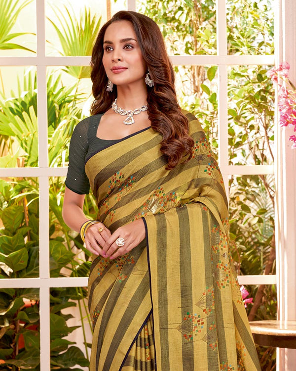 Vishal Prints Light Mustard Fancy Chiffon Saree With Core Piping And Tassel