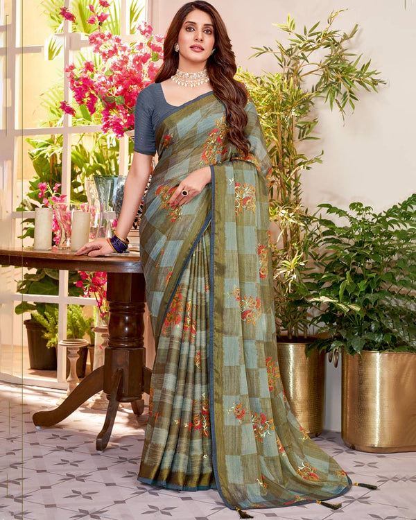 Vishal Prints Dark Sand Fancy Chiffon Saree With Core Piping And Tassel