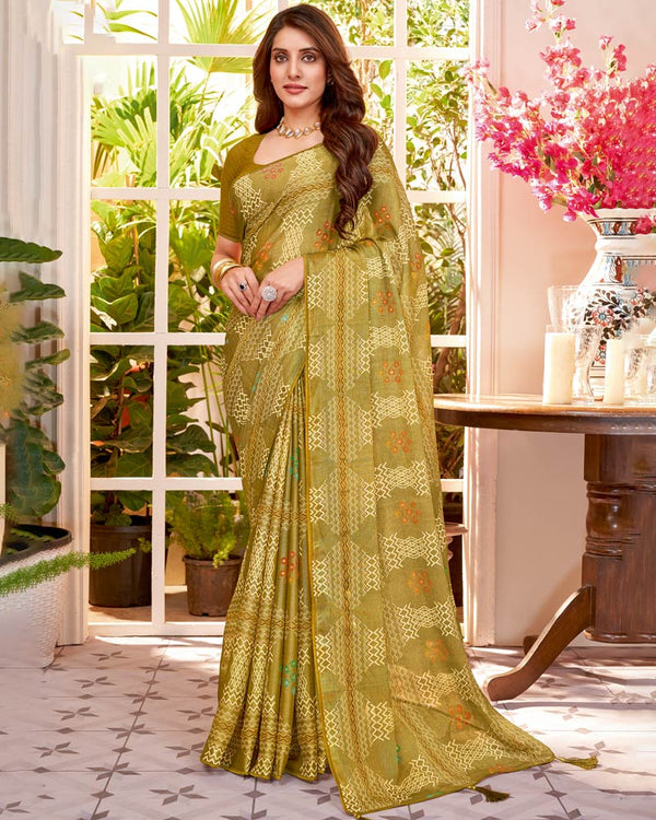 Vishal Prints Dark Mustard Fancy Chiffon Saree With Core Piping And Tassel