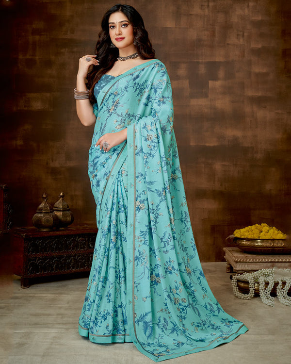 Vishal Prints Pastel Blue Printed Criva Crepe Saree With Fancy Satin Border