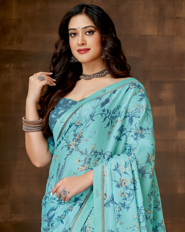 Vishal Prints Pastel Blue Printed Criva Crepe Saree With Fancy Satin Border