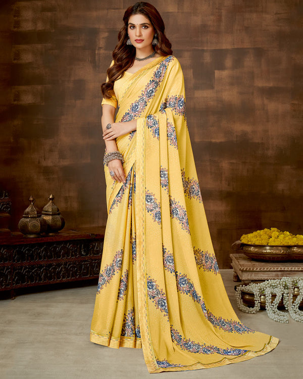 Vishal Prints Pastel Yellow Printed Criva Crepe Saree With Fancy Satin Border