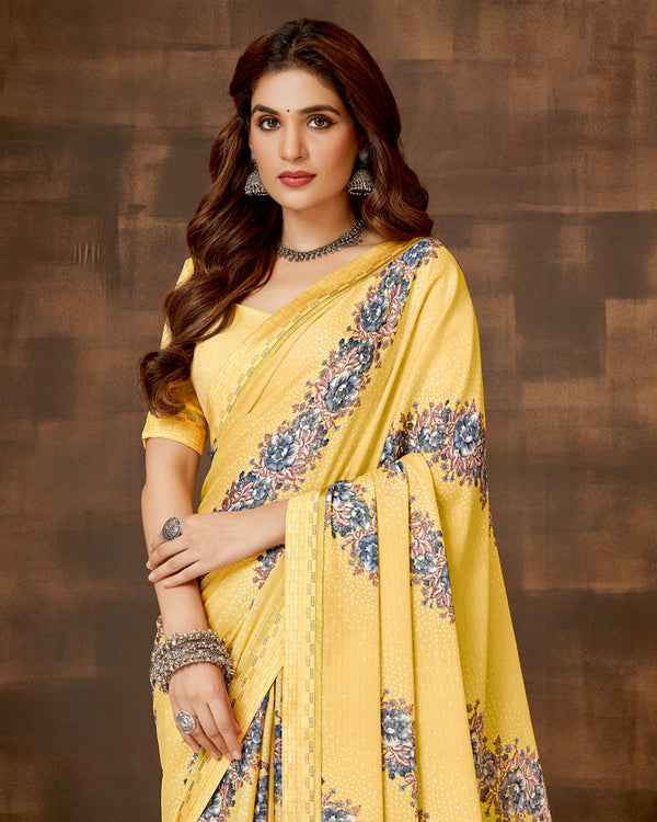 Vishal Prints Pastel Yellow Printed Criva Crepe Saree With Fancy Satin Border