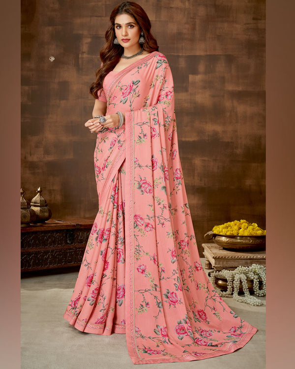 Vishal Prints Peach Printed Criva Crepe Saree With Fancy Satin Border