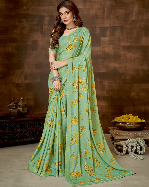 Vishal Prints Light Teal Green Printed Criva Crepe Saree With Fancy Satin Border