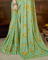 Vishal Prints Light Teal Green Printed Criva Crepe Saree With Fancy Satin Border