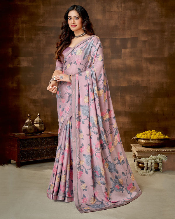 Vishal Prints Light Mauve Printed Criva Crepe Saree With Fancy Satin Border