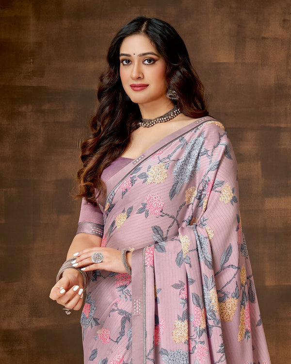 Vishal Prints Light Mauve Printed Criva Crepe Saree With Fancy Satin Border