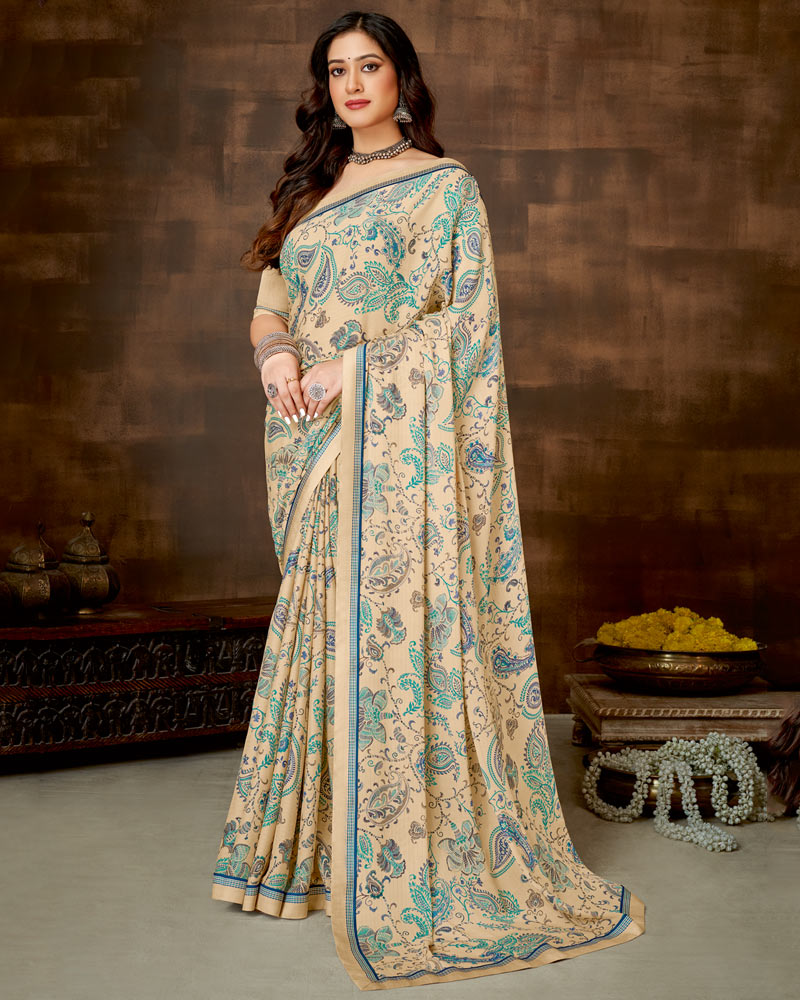 Vishal Prints Pancho Cream Printed Criva Crepe Saree With Fancy Satin Border