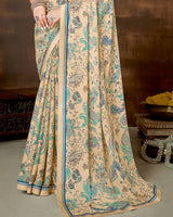 Vishal Prints Pancho Cream Printed Criva Crepe Saree With Fancy Satin Border