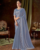 Vishal Prints Pastel Blue Designer Satin-Chiffon Saree With Embroidery-Mirror Work And Cut Work Border