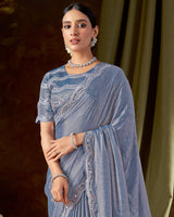 Vishal Prints Pastel Blue Designer Satin-Chiffon Saree With Embroidery-Mirror Work And Cut Work Border