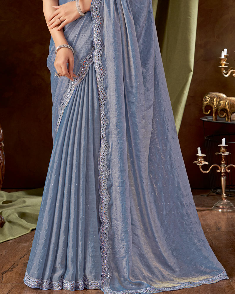 Vishal Prints Pastel Blue Designer Satin-Chiffon Saree With Embroidery-Mirror Work And Cut Work Border